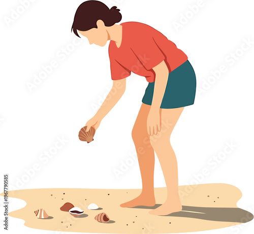 A young girl is picking up seashells from a sandy beach on a bright summer day, enjoying the coastal scenery