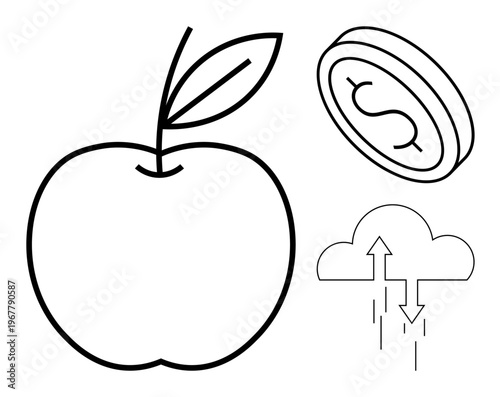 Finance concept. Visuals of an apple, dollar coin, and cloud with arrows finance, agriculture, and economic exchange. Finance in agriculture, cloud economics. For fintech farming trade digital