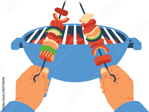 Grilling skewers of meat and vegetables on a blue barbecue grill, hands holding the grill handles, food preparation for a picnic or outdoor event
