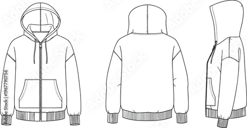 zip up hoodie technical drawing front back side views cad flat vector illustration casual apparel template hooded jacket design
