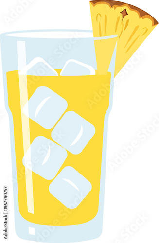 A tall glass filled with a yellow beverage, ice cubes, and a slice of pineapple, perfect for a refreshing drink
