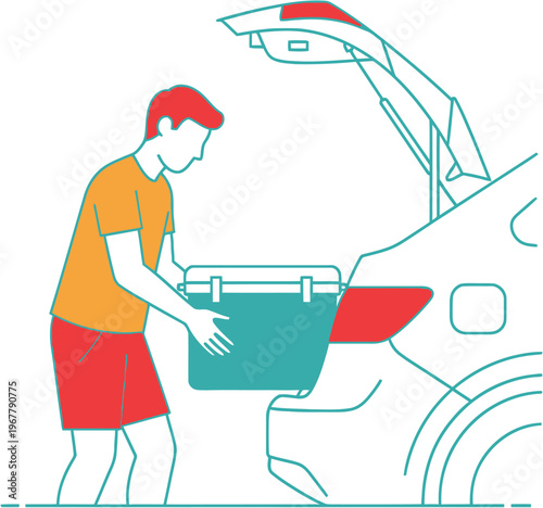 Young man preparing for a summer adventure, carefully loading a cooler into the open trunk of his car before embarking on a road trip or picnic outing