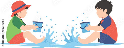 Two young children joyfully splashing water from buckets, embodying the carefree spirit of summer play and refreshing outdoor activities, a delightful scene of childhood fun and interaction