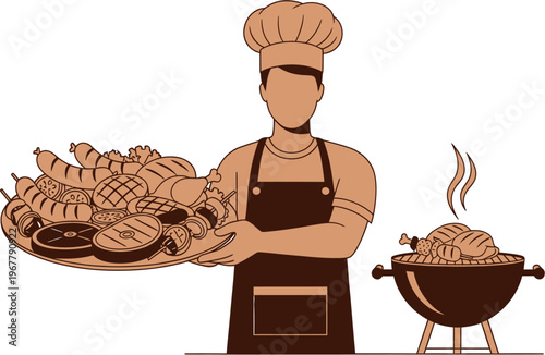 Chef holding a large platter of grilled meats and poultry, with a barbecue grill smoking in the background, celebrating a festive cookout