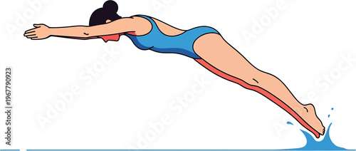 Illustration of a swimmer diving into the water with arms extended and legs kicking, capturing the dynamic motion of a sports activity