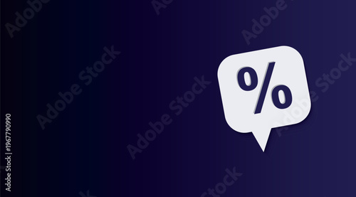 Minimalist percentage icon on dark blue background, white speech bubble with percent symbol, discount and promotion vector illustration