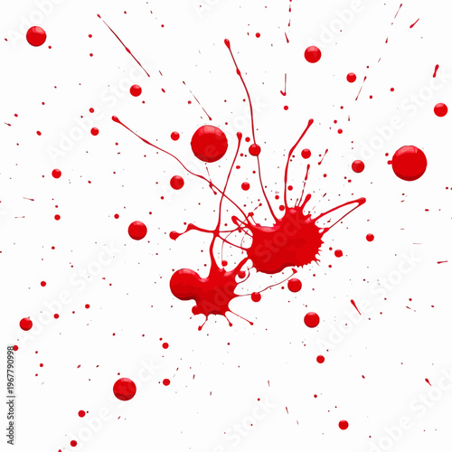 Red paint splatters on white background.