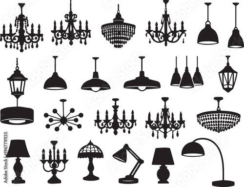 Black silhouettes of various lamps and chandeliers on transparent background