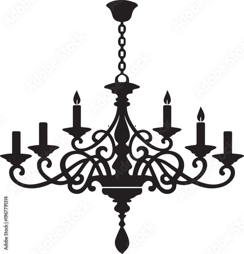 Black chandelier silhouette on transparent background with six candles