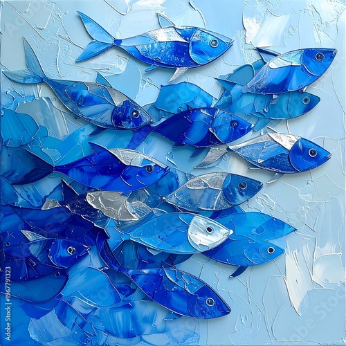 Vibrant Blue Fish School Swimming Together in an Abstract Ocean Art Piece.