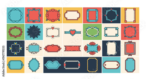 Collection of colorful vintage ornate frames and decorative labels in various shapes and sizes for