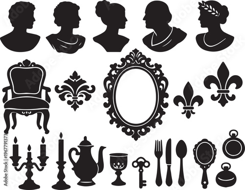 Black silhouettes of antique items and people heads on transparent background