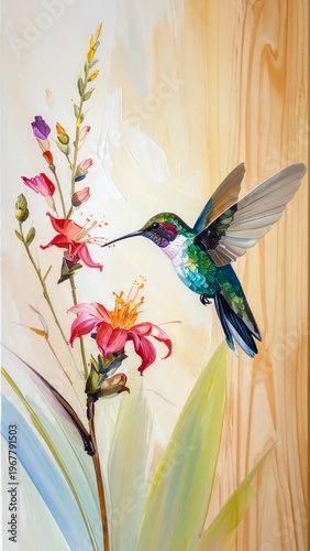 Vibrant Hummingbird Nectaring on Red Flowers in a Serene Garden Setting.