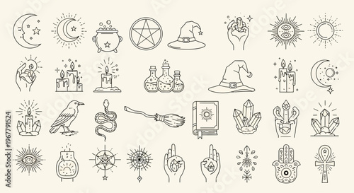 Collection of mystical and spiritual line art icons representing magic, ceremonies, and esoteric
