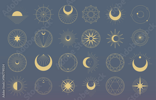 神秘的な天体と幾何学模様のゴールドアイコン・シンボルセット