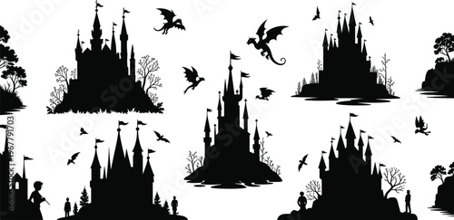 Collection of fantasy magic castle silhouettes with flying dragons wizards and mythical towers isolated on white background for fairytale concept