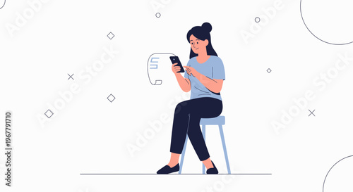 Woman Sitting on Stool Using Smartphone, Checking Digital Receipt or Bill