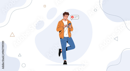 Young man checking smartphone with notification bubble, modern flat illustration