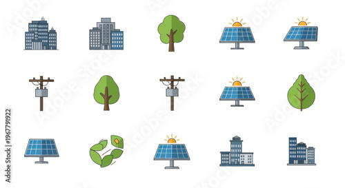 Green Energy Icons: Buildings, Trees, Solar Panels, Power Lines, Leaf, Recycle Symbol
