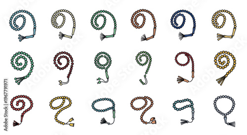 Collection of colorful Islamic prayer beads (tasbih) in various shapes and designs on white background