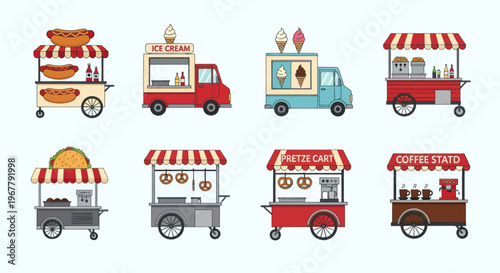 Pixel Art Food Trucks and Carts Collection: Hot Dogs, Ice Cream, Tacos, Pretzels, Coffee