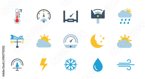 Weather Icons Set: Thermometer, Gauge, Sun, Clouds, Rain, Moon, Snow, Wind, Lightning