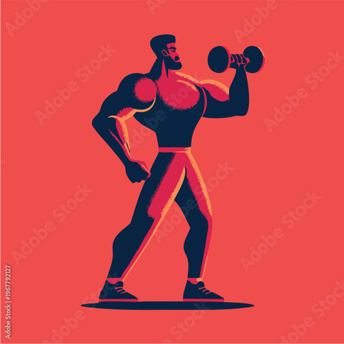 Muscular man lifting dumbbell during workout session.