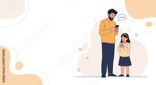 Father and Daughter Texting on Phones, Family Bonding with Technology