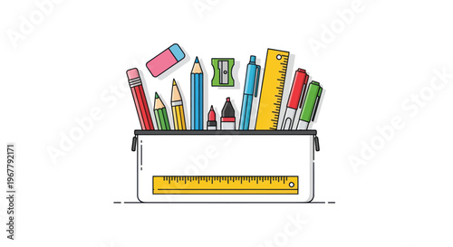 School Supplies in Pencil Case: Pens, Pencils, Erasers, Rulers, Sharpener