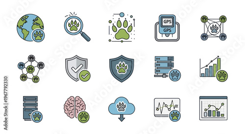 Paw Print Icons Set: Global Network, Search, GPS, Data Security, Cloud, Analytics