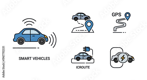 Smart Vehicles Technology Icons: Autonomous Driving, Navigation, Electric Charging, Connectivity