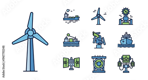 Wind Turbine and Renewable Energy Icons Set