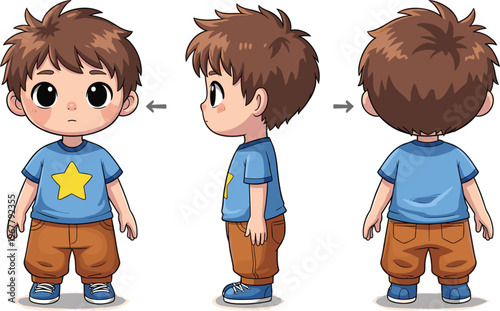 Cute cartoon boy character turnaround front side back view vector illustration kid design animation reference children model sheet isolated white background