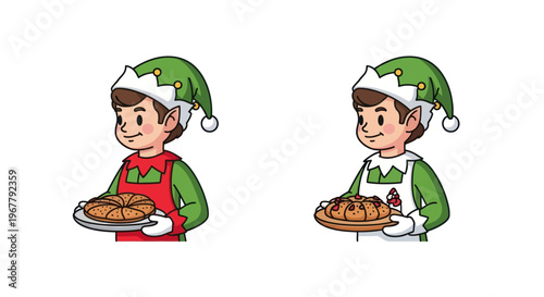 Christmas Elf Pair Holding Festive Pies