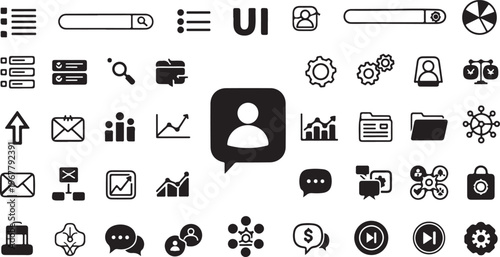 Collection of various black and white UI icons displayed