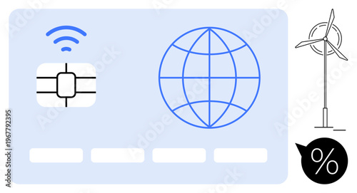 Digital communication, global networking, sustainability, environmental energy, smart cards, digital finance. a globe, a chip icon a wind turbine and a percentage symbol. Digital communication