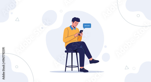 Man Sitting on Chair Using Smartphone with Chat Bubble Icon, Online Communication Concept