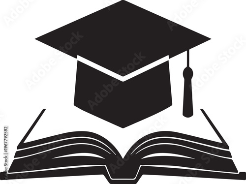 Fotografía Black silhouette illustration of graduation cap on open book isolated on transpa