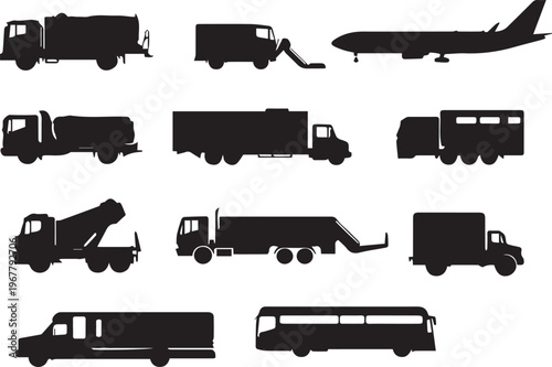 Black silhouette vector icon set of airport ground equipment on transparent background including fuel truck and airplane