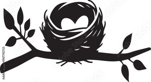 Black silhouette illustration of a bird nest resting on a tree branch on transparent background