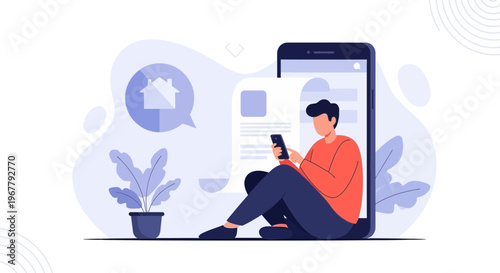Man using smartphone with house icon, online real estate search concept