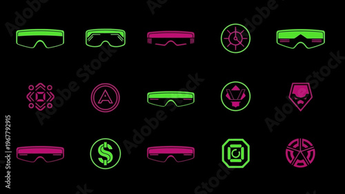 Futuristic neon cyberpunk style goggles and accessories with vibrant glowing outlines