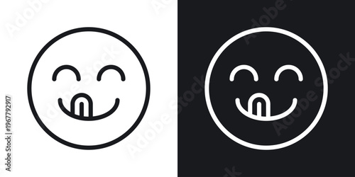 Yummy smile emoji icon set in black and white stroke lines