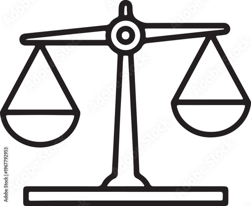 Scales of justice icon, black and white line art.
