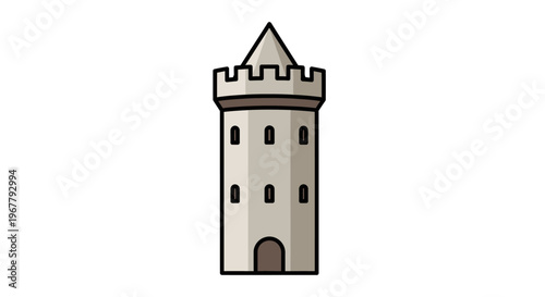 Illustration of a medieval stone tower with battlements and a conical roof