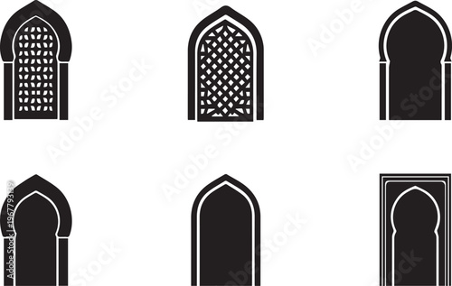 Vector illustration of various mosque facade arch niche silhouettes on transparent background