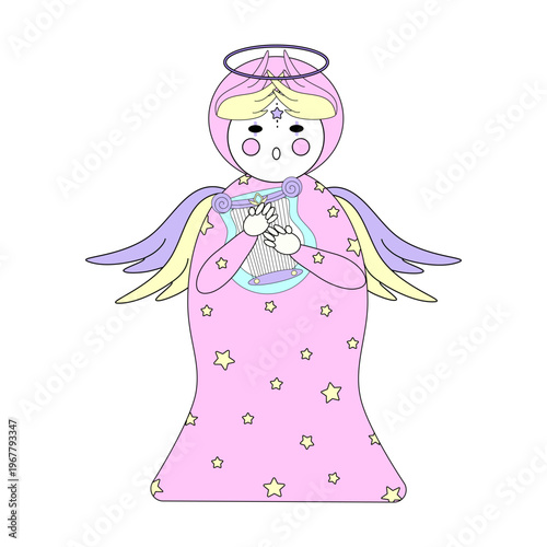 Musical angel girl character playing golden harp, kawaii celestial musician with wings and halo vector illustration  