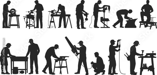 Collection of professional craftsman silhouettes working with various power tools carpentry equipment and industrial machinery isolated on white background for workshop conceptCollection of