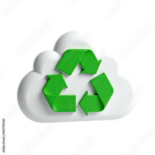 Green recycle symbol on a white cloud shape against black background emphasizing environmental sustainability and cloud computing integration