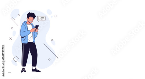 Young man texting on smartphone with speech bubble, modern flat illustration